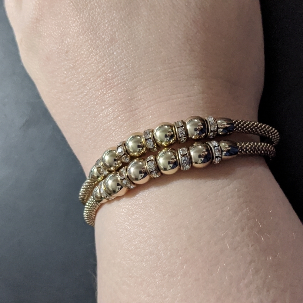 Gold Tone Rhinestone Mesh Beaded Stretchy Elastic Statement Bracelet - Set of 2